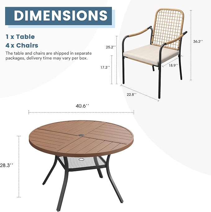 DIFY 5 Pieces Outdoor Dining Set, Metal Patio Table and Chairs Set for 4, 40.6" Round Dining Table with Umbrella Hole & Wicker Stackable Patio Chairs with Cushions, Walnut Tabletop