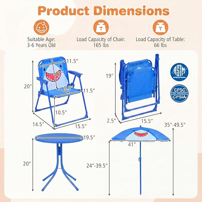 KOTEK Kids Picnic Table with Umbrella, Outdoor Table & 2 Folding Chairs, Cute Pattern Children’s Patio Furniture, Portable Kids Table and Chair Set for Backyard, Garden, Beach (Blue Shark)