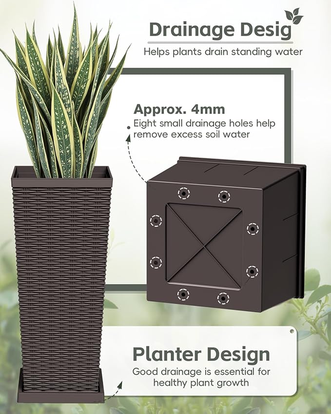 Greesum 30 Inch Tall Plastic Planters with Detachable Inner Pot & Drainage Holes (Set of 2), Extra Large Outdoor Flower Pots for Large Plants, Trees, Patio, and Garden, Brown