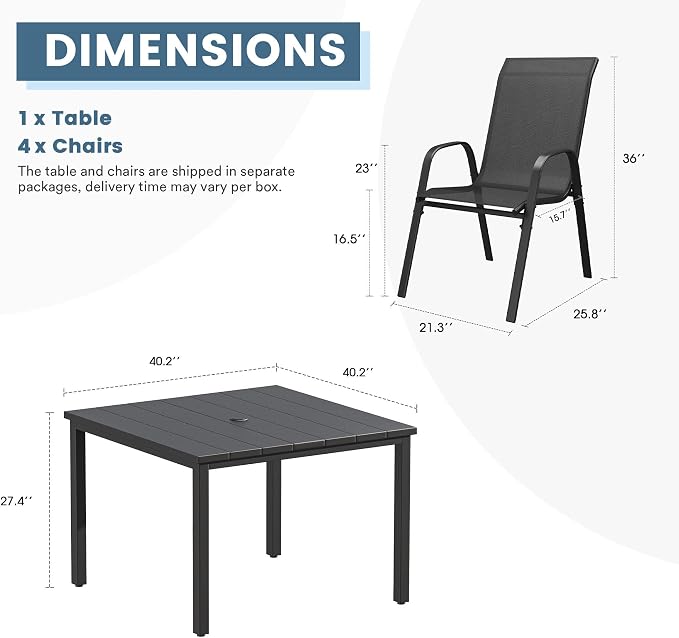 DIFY 5 Piece Outdoor Dining Set, 40" Black Square Metal Patio Table and Dark Grey Textilene Stackable Chairs for 4, All Weather Patio Furniture Set with Umbrella Hole for Backyard Garden Deck