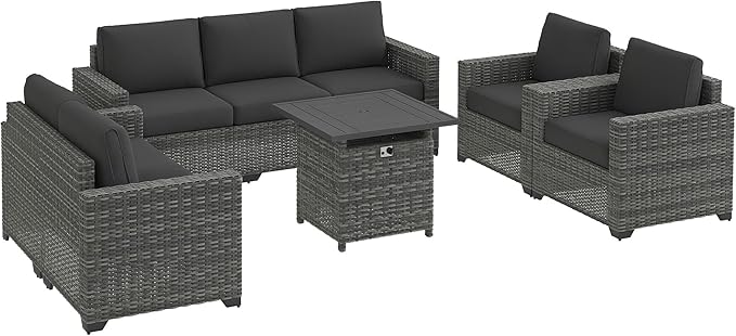 Outsunny 5 Piece Patio Furniture Set with 30" Fire Pit Coffee Table, Wide Deep PE Rattan Wicker Outdoor Conversation Sofa Set with Cushions, Dark Gray