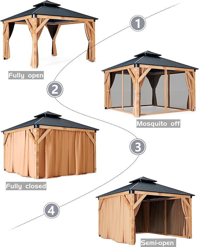 10'x10' Hardtop Wood Gazebo, Cedar Frame Outdoor Pavilion with Double Galvanized Steel Roof, Curtains and Netting Included, Ceiling Hook for Patio Backyard Deck Lawn Garden