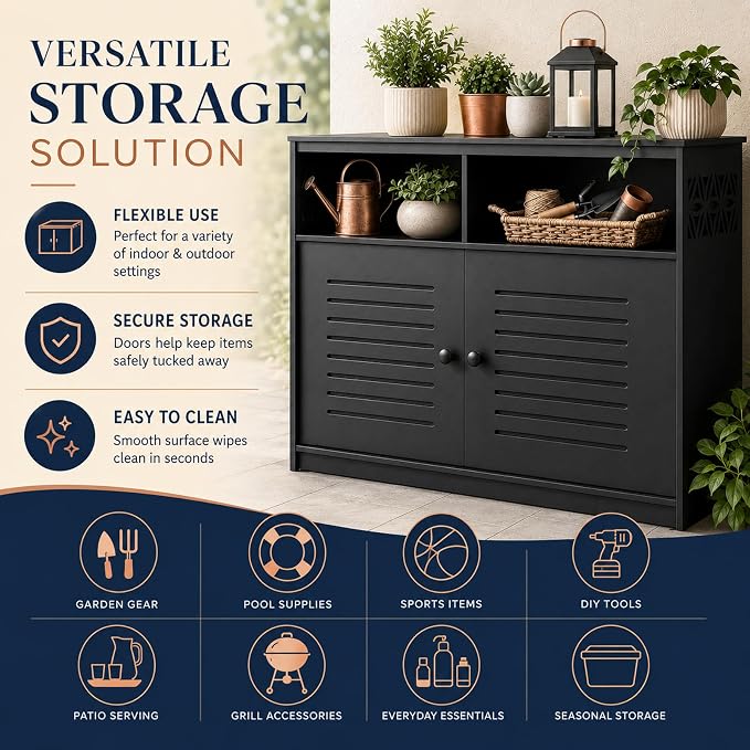 VINGLI Outdoor Storage Cabinet Waterproof, 87 Gallon Patio Deck Storage Cabinet with 2 Doors & Open Shelves, All-Weather Resistant Outdoor Sideboard with Decorative Cutout for Patio, Garden, Yard