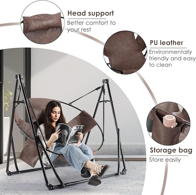 Arlopu 3 in 1 Portable Hammock with Steel Stand,Foldable PU Leather Swing Chair,6-Level Standing Hammocks Included Carrying Bag,Side Pocket,Pillow,for Outside,Indoor,Yard,Garden,Patio,Camping(Brown)