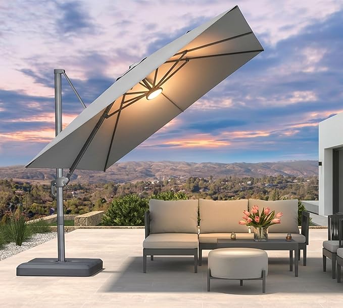 PURPLE LEAF Patio Umbrella 10' X 10' Cantilever Umbrella with Central Lights and Base Aluminum Outdoor Umbrellas with 360-degree Rotation & UPF40+ Fabric for Deck Pool Garden Yard, Pebble Grey