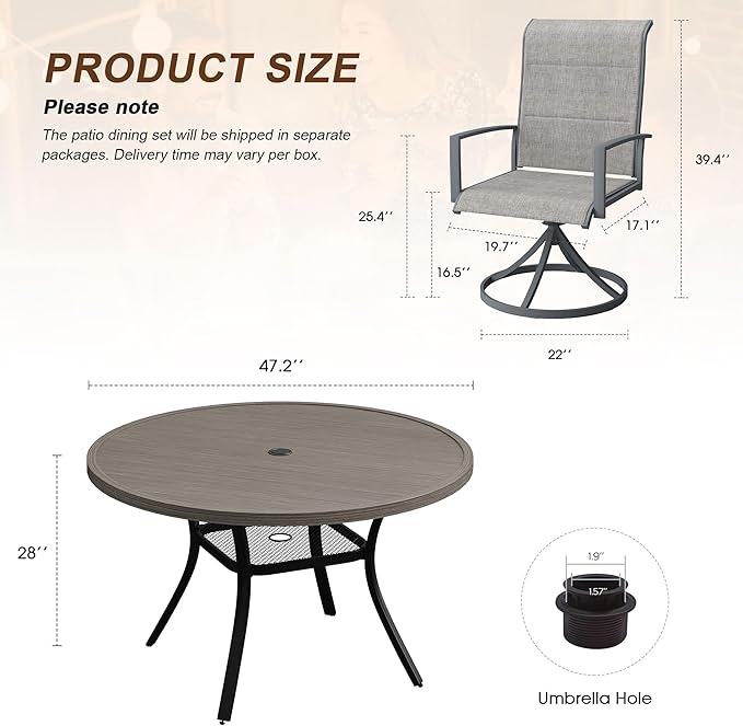 VICLLAX 7 Pieces Outdoor Dining Set, Patio Furniture Set Includes 47" Round Metal Table W/ 1.9" Umbrella Hole and 6 Padded Textilene Swivel Chairs for Porch, Lawn, Garden, Backyard