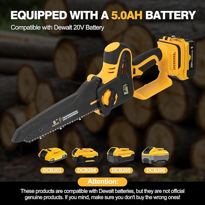 2026 Upgraded 8-Inch Brushless Cordless Chainsaw with 6-Inch & 8-Inch Guide Plates, Compatible for Dewalt 20V MAX Battery (5.0Ah Included), Tool-Free Chain Tensioning & Automatic Lubrication System