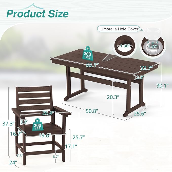 7 Piece Patio Dining Set, 66" Rectangle HDPS Weather Resistant Outdoor Table & 6 Patio Chairs Set with 1.96" Umbrella Hole, Heavy Duty Chairs for Backyard Deck, Dark Brown