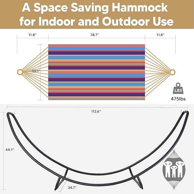 SUNCREAT Portable Space Saving Hammock with Stand, Two Person Hammock with Stand Included, Patent Pending, Rainbow