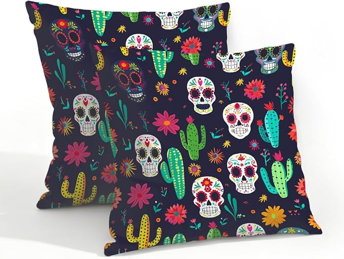 20x20 Inch Outdoor Pillow Covers Set of 2 Waterproof Throw Pillow Covers Decorative Couch Cushion Covers Mexican Skulls Cacti Flowers Square Pillowcases Protectors for Patio Garden Sofa