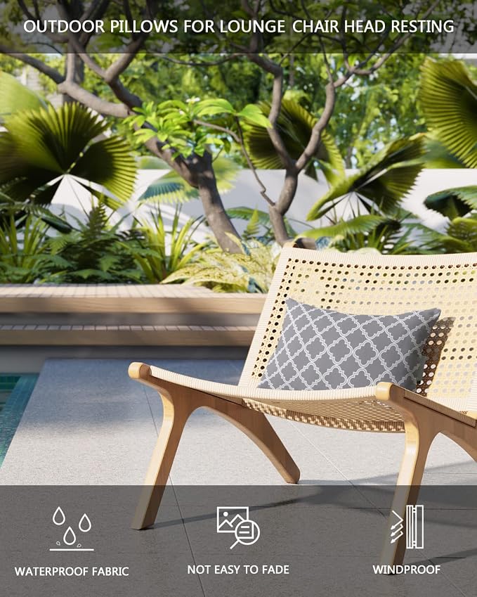 Outdoor Pillows Covers with Inserts Grey Moroccan Pattern Geometric Waterproof Recliner Pillow with Adjustable Strap Throw Pillows for Patio Furniture Pool Lounge Chair, 12x20 inch, 2PCS