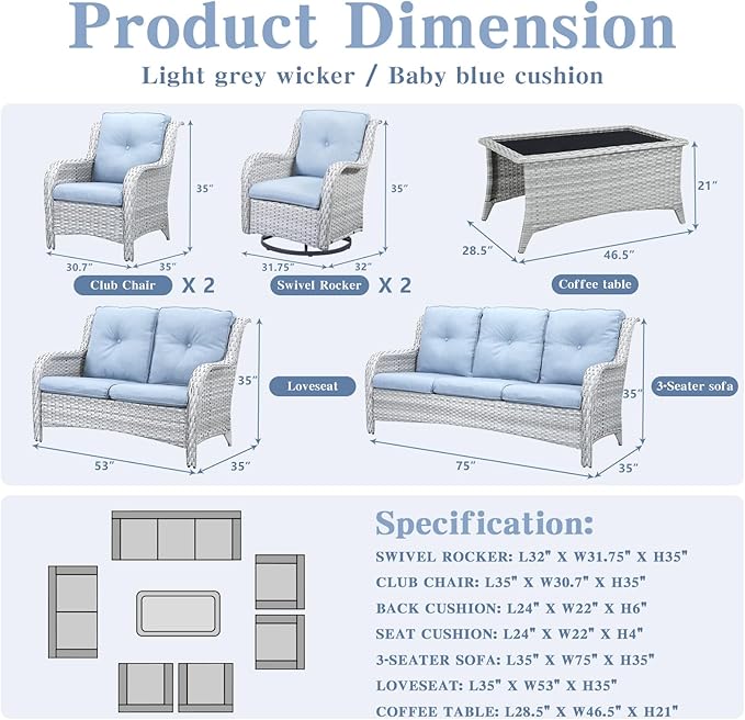 Belord Outdoor Furniture Wicker Conversation Sets - 7 Piece Patio Rattan Furniture Sets with Swivel Rocker Chairs Outdoor Sofa for Porch Deck Backyard Light Grey/Baby Blue