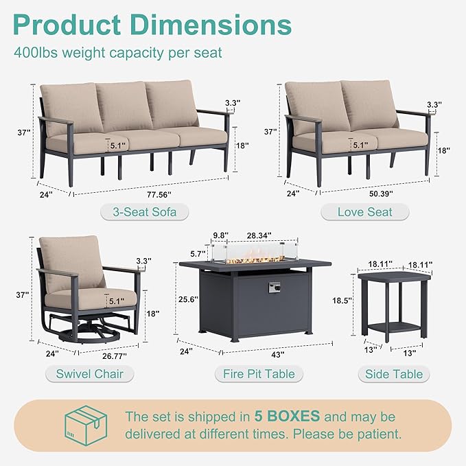 7-Seat Outdoor Patio Furniture Set with Rocking Swivel Chair, Aluminum Sectional Sofa Patio Conversation Set with 55,000 BTU Fire Pit Table & High Backrest & Thickened Cushions, Sand