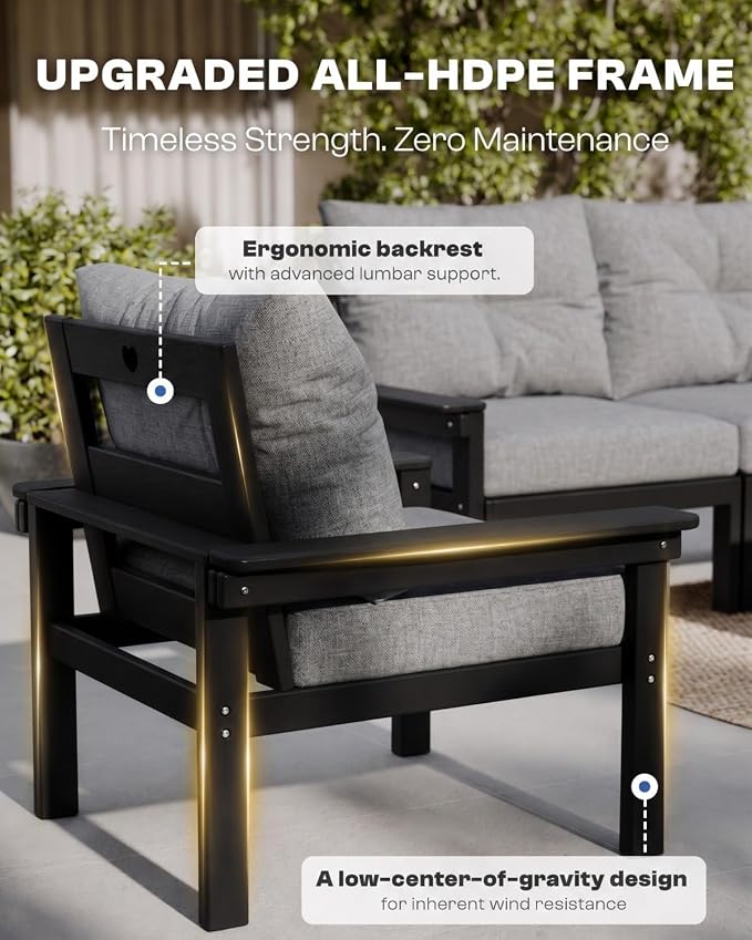 HDPE Outdoor Patio Furniture Set, 7-Piece Patio Conversation Sets with Coffee Table & Side Table & Grey Washable Thick Cushions, Outdoor Sofa for Balcony, Porch(Black Frame)