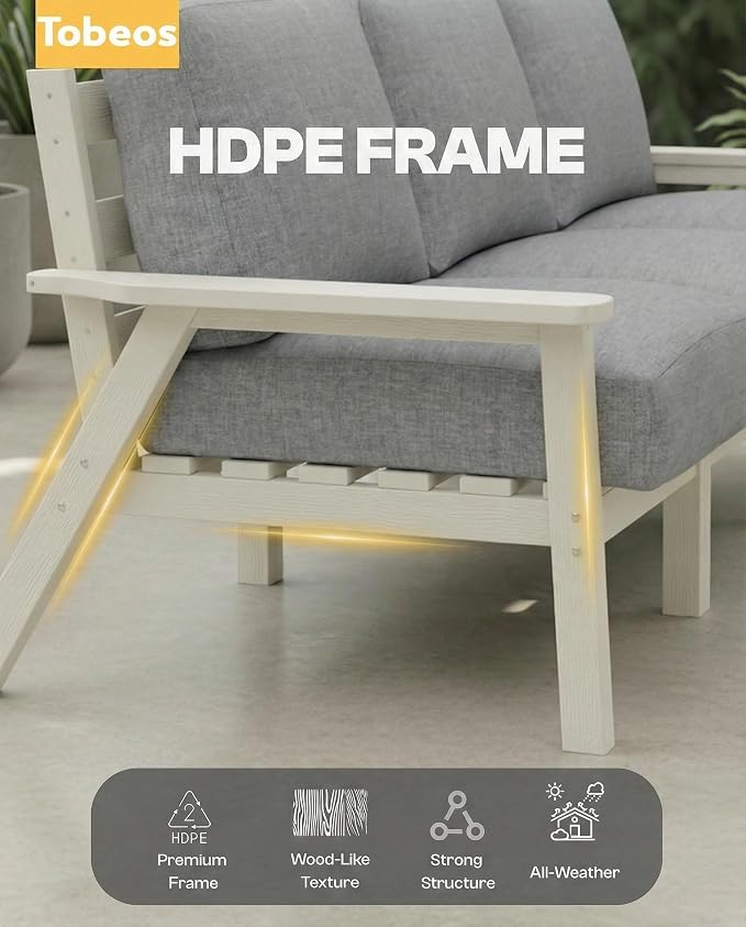 7 Piece HDPE Outdoor Furniture Set with Gray Cushions (White Frame) | All-Weather HDPE, Modular Design, Extra-Deep Seating, Thick Cushions, Ideal for Backyard, Deck & Porch