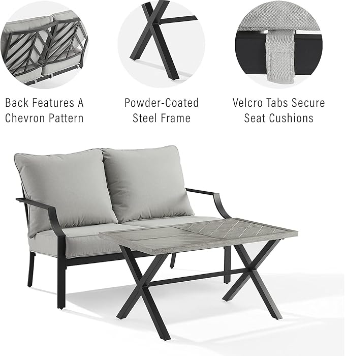 Urban Oasis Outdoor Metal 2-Piece Seating Set (Loveseat, Coffee Table), Matte Black with Gray Cushions - 50 x 72 x 33.25 in, Modern Patio Conversation Sets, Sturdy Steel Construction