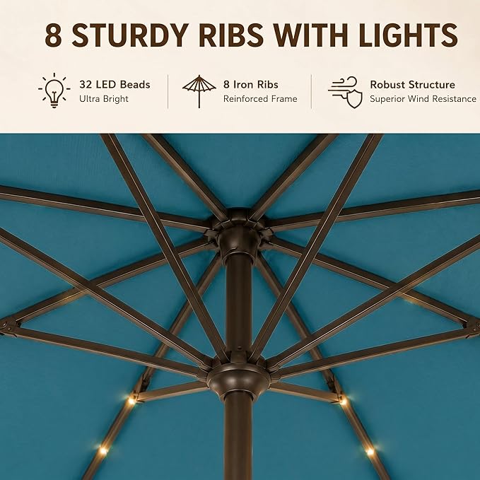 11FT Solar Lighted Patio Umbrella, Outdoor Table Market Umbrellas with Crank Lift, 32 LED Lights, 8 Sturdy Ribs, UV-Resistant for Deck, Garden, Pool
