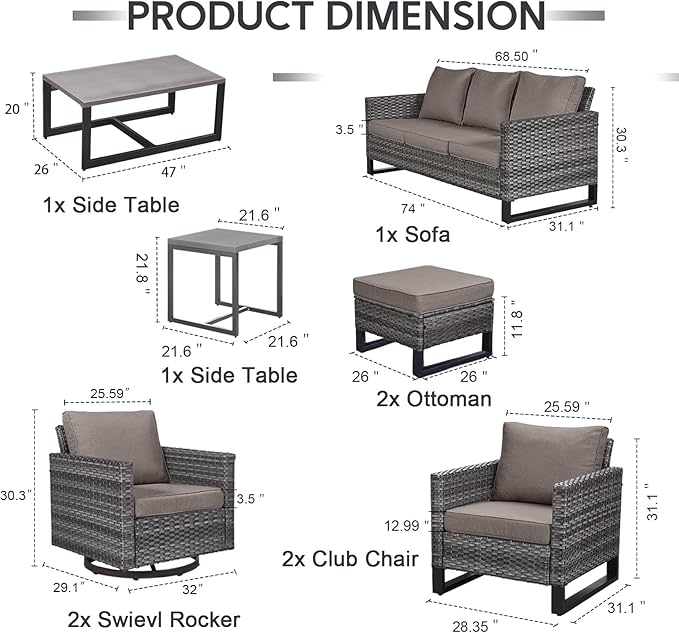 9 Piece Wicker Patio Furniture Set - Outdoor Swivel Rocker Chairs Set with Coffee Table, Rattan Chairs, 3 Seat Sofa & Ottomans, Patio Conversation Sets for Bcakyard Deck - Grey/Grey
