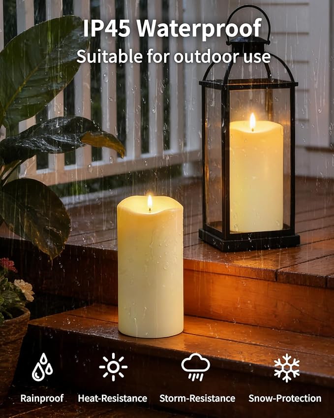 10" x 5" Large Outdoor Candles with Timer Waterproof Flickering LED Flameless Candle Battery Operated with Remote Fake Pillar Candle Realistic for Patio Porch Lantern (Ivory)