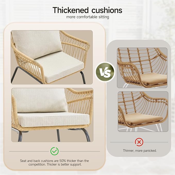 ONBRILL 4-Piece Patio Wicker Loveseat Sets, Boho Patio Furniture Set, Galvanized Iron Frame, Thickened Weather-Resistant Olefin Cushions, Tempered Glass Top, UV-Proof, Beige