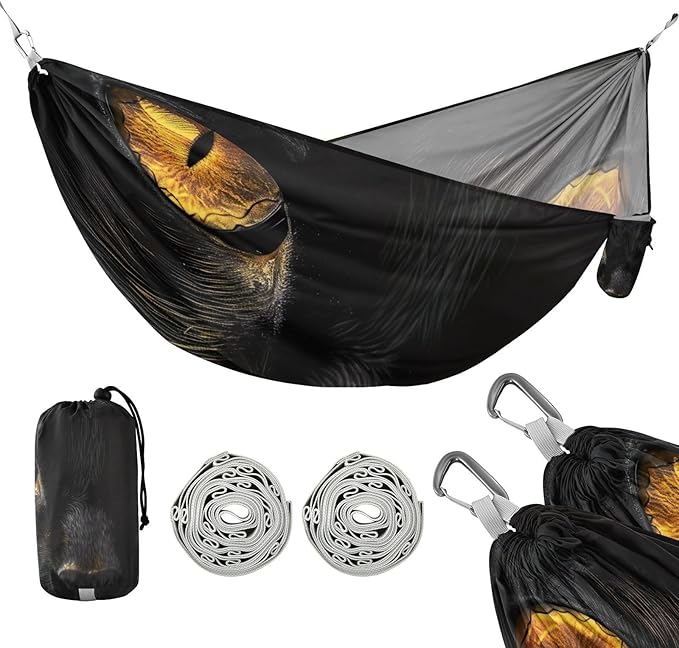 FRMG Black Cat Eyes Camping Hammock 500 lbs Capacity Portable Hammocks with Tree Straps & Attached Carry Bag, Camping Essentials Gear A0900327a