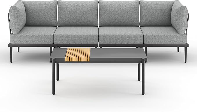 Metal Patio Furniture Set, 5 Pieces Outdoor Sectional Couch Sets with Coffee Table & Washable Thick Cushion, Modular Outdoor Corner Sofa Set for Deck, Patio & Courtyard (Gray)