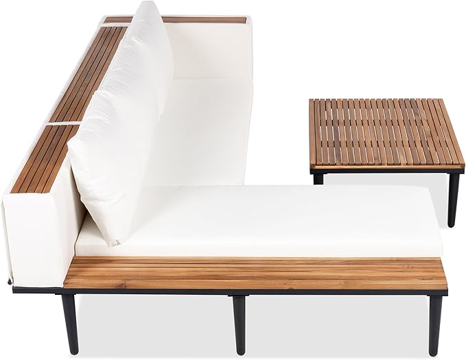 Luxury Outdoor Patio Furniture Set, L-Shaped Acacia Wood Sectional Sofa with Side Table, All-Weather Conversation Set with Removable Cushions and Coffee Table for Backyard Porch (Beige-4.20)