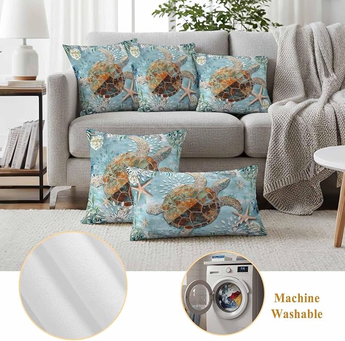 Ocean Turtle Outdoor Waterproof Throw Pillow Covers Set of 2, 26"x26", Retro Blue Nautical Starfish Sealife Decorative Pillow Covers Outside Cushion Case for Patio Porch Garden