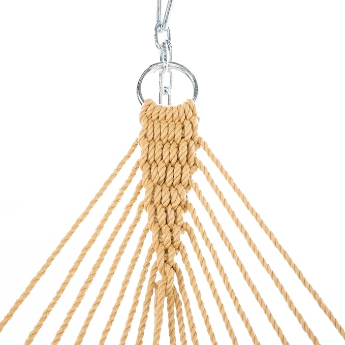Nags Head Hammocks Single Tan DuraCord Rope Hammock – 12 ft. x 50 in., 450 lb Capacity, Cumaru Spreader Bar, Galvanized Hardware, Handcrafted in USA, Free Chains & Tree Hooks