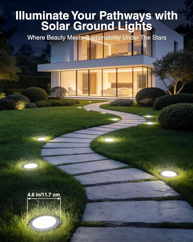 4.6 Inch Solar Ground Lights 12 Pack, Solar Lights Outdoor Waterproof, Solar Garden Lights Outdoor Landscape Lighting for Pathway Walkway Patio Yard Driveway, Cool White