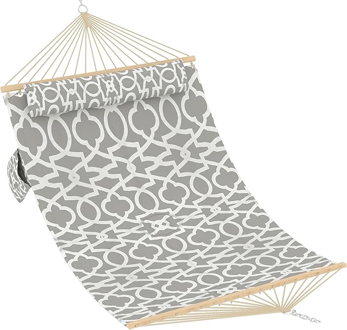 Garvee Double Quilted Fabric Hammock with Hardwood Spreader Bars and Pillow 450 LBS Capacity 2 Person Large Hammock for Outdoor Patio Backyard Poolside（Light Gray Stripes）