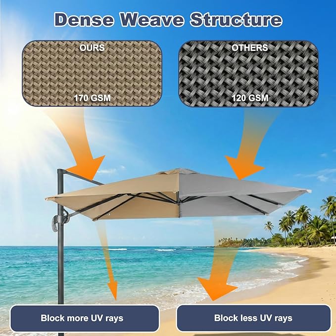 BPS 10'x10' Cantilever Umbrella Replacement Canopy for 8 Ribs Square Offset Umbrella, Outdoor Canopy Replacement for Patio Parasol, Canopy Only