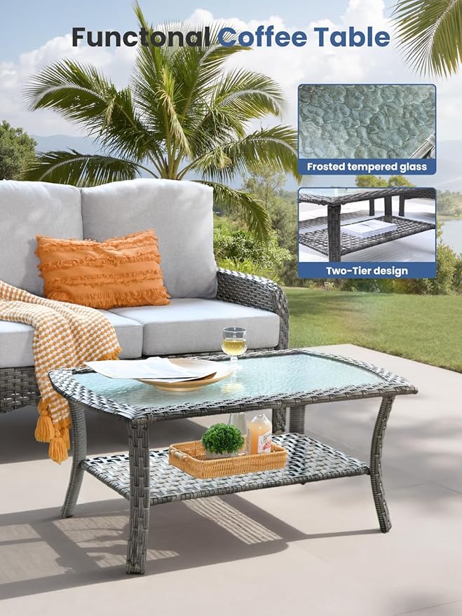 7-Piece Outdoor Patio Furniture Set with Swivel Chairs, Outdoor Conversation Wicker Sofa with Coffee Table, Rattan Couch for Deck Yard Poolside, Grey