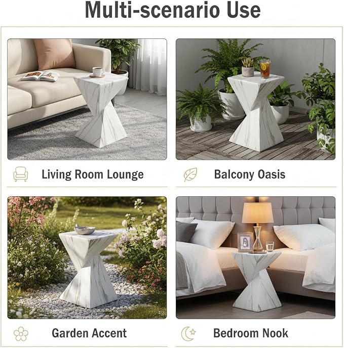 Merax 18.5" H Modern Outdoor Concrete Side Table, Patio End Table with Sculptural Fluted Design, Weather-Resistant Geometric Minimalism Accent Table for Garden, Balcony & Poolside, White Marble