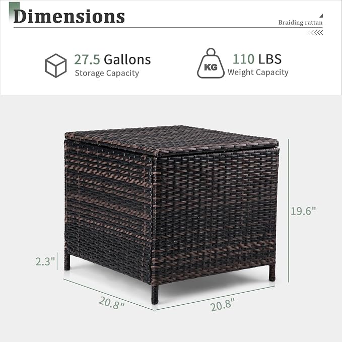 HOMSUPPLIE'S 27 Gallon Outdoor Side Table with Storage Space, Waterproof Wicker Patio Deck Box, Rattan End Table with Hidden Storage for Pool Towels, Toys & Garden Tools(Brown,Square)