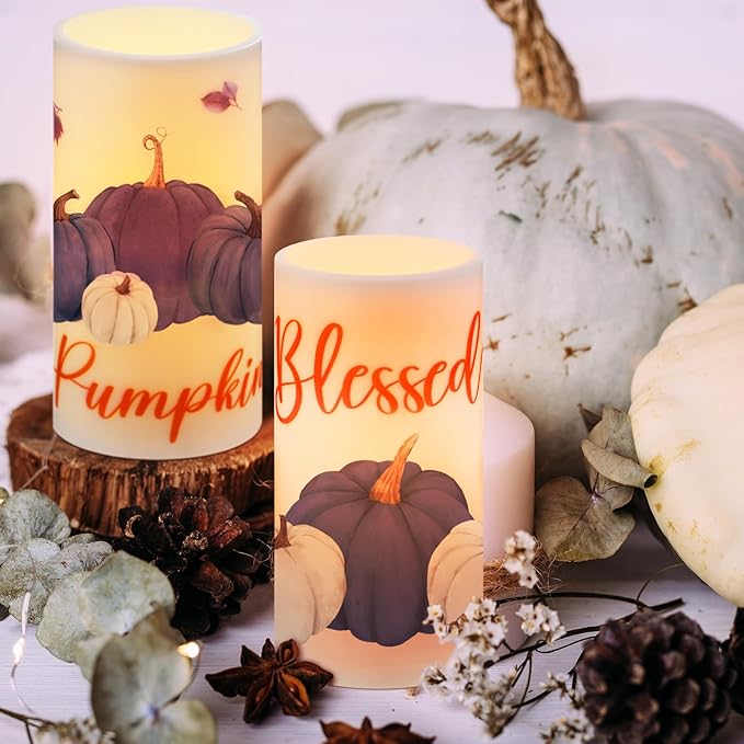 Retisee 3 Pcs Blue Pumpkin Thanksgiving Flameless LED Candles Thankful Blessed Thanksgiving Battery Operated Candles with Remote Blue Pumpkin Decor for Table Centerpiece Bedroom Harvest Decoration