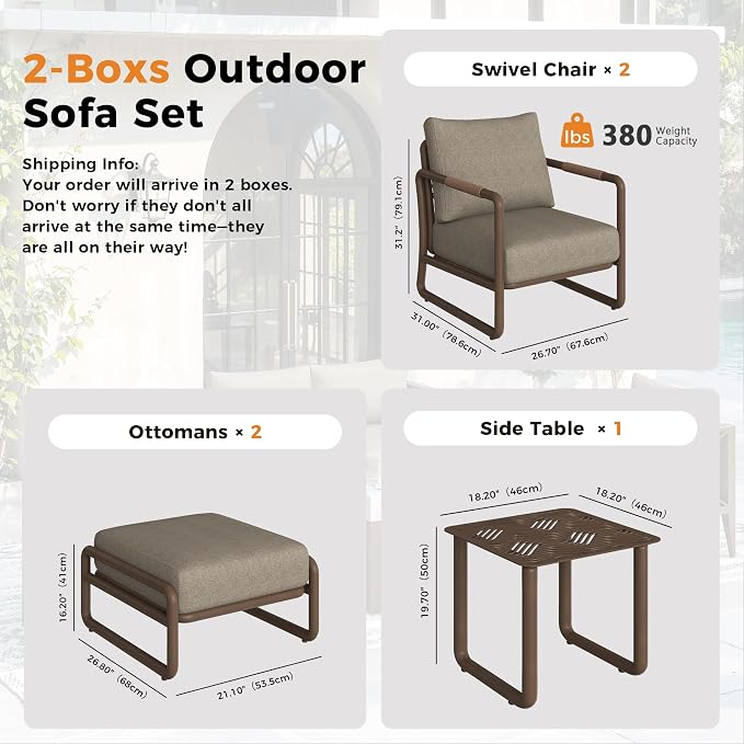 Outdoor Aluminum Patio Furniture Set, 5 Pieces Conversation Set with 6.5 Inch Cushions & 2 Ottomans, All-Weather Rust-Resistant Frame Conversation Set for Porch, Garden, Backyard, Brown