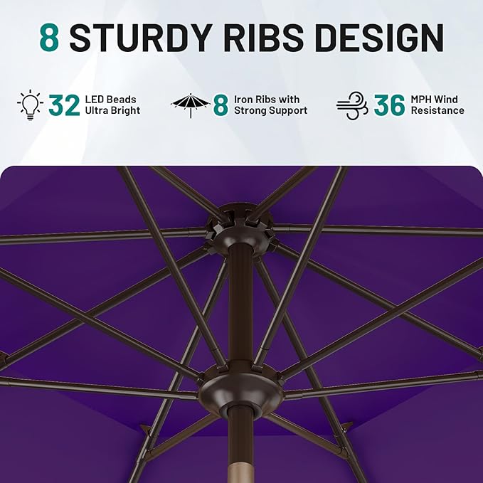 AreShark 9ft 2 Tiers Patio Umbrella with Solar Lights, Outdoor Umbrella w/ 32 LED Lights&8 Sturdy Ribs, Table Umbrella for Deck, Backyard, Pool(Dark Purple)