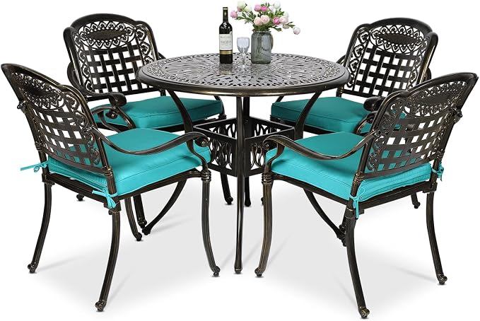 VIVIJASON 5-Piece Patio Furniture Dining Set, All-Weather Cast Aluminum Outdoor Conversation Set, Include 4 Cushioned Chairs and a 35.4" Round Table w/Umbrella Hole, Ocean Blue Cushion