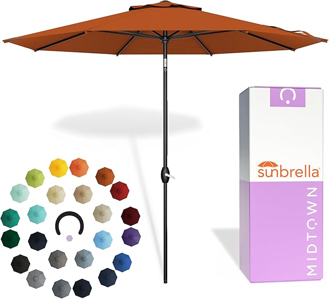 Midtown Umbrellas - The Lean 10 Ft Patio Umbrella with Fade-Resistant Sunbrella Fabric, Auto-Tilt Aluminum Frame and 8 Reinforced Ribs for Deck, Pool & Garden - Terracotta Canopy, Black Pole