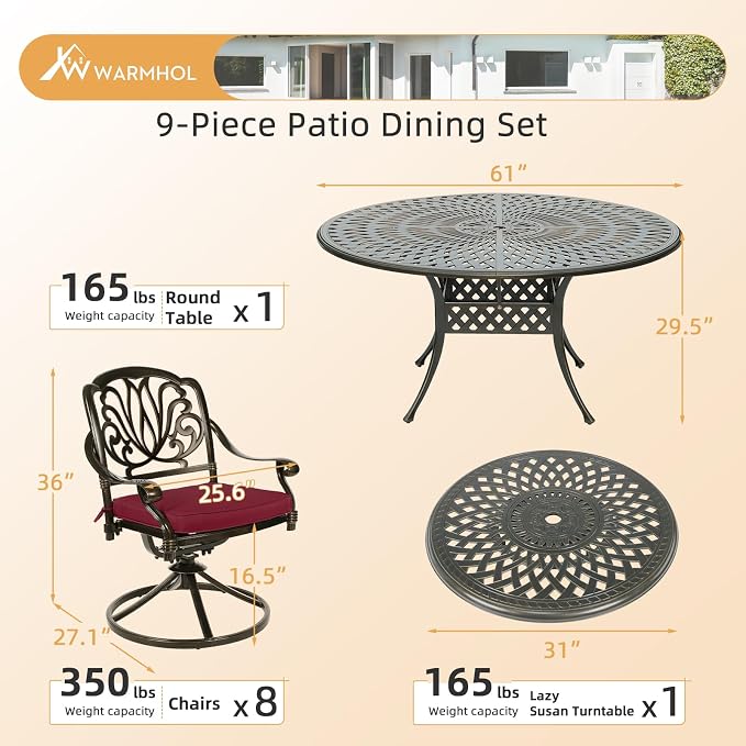 9-Piece Patio Furniture Dining Set, Cast Aluminum Outdoor Conversation Set- 61" Round Patio Dining Table with Detachable Lazy Susan & 8 Cushioned Swivel Rocker, Umbrella Hole, Chili Red