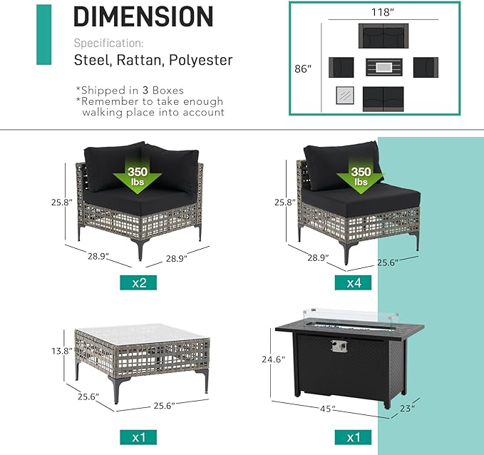 Patiorama 8 Piece Wicker Patio Furniture Set with 45” Fire Pit Table, Metal-Colored PE Rattan Outdoor Sectional Sofa, 50000 BTU Propane Fire Pit w/Wind Guard,Cover,Water Resistant Cushion-Black