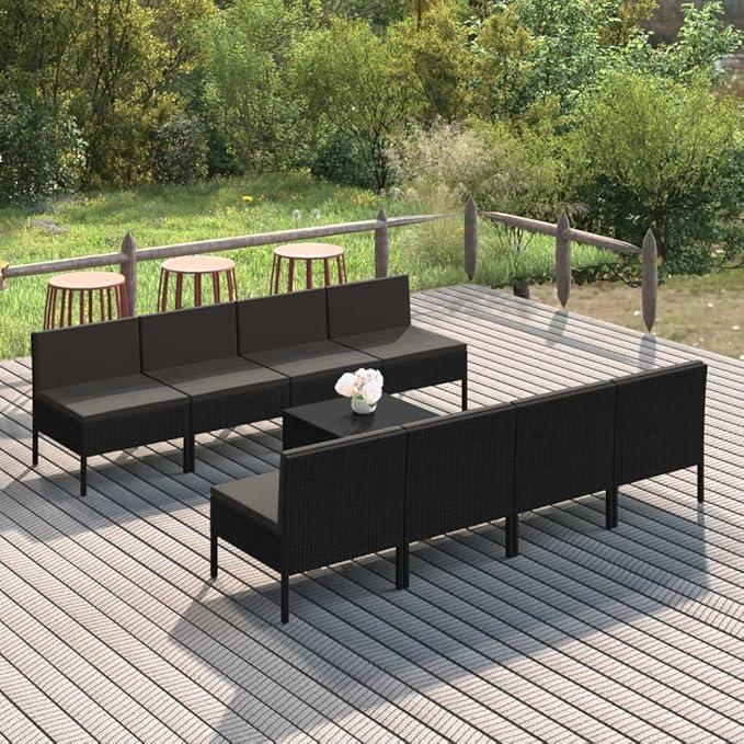 Patio Lounge Set with Cushions,Patio Furniture Sets,Patio Conversation Sets,Outdoor Furniture Sets,for Garden,Backyard,Outdoor,9 Piece Poly Rattan Black