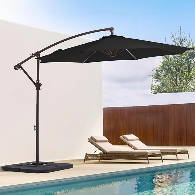 10FT Patio Umbrella, Outdoor Offset Cantilever Umbrella with Sturdy 8 Ribs and Reinforced Base, Easy Tilt Adjustment for Backyard Pool Garden,Black
