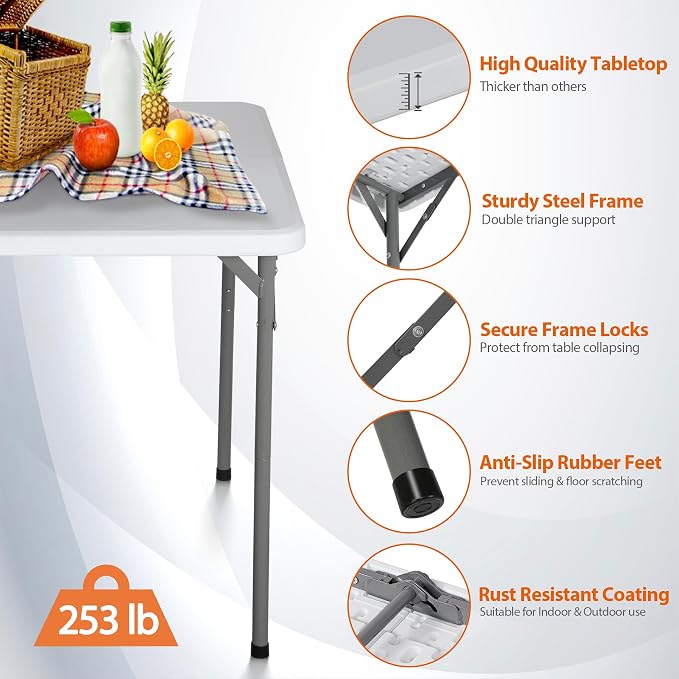 ZenStyle Heavy Duty Folding Table, Plastic Top with Steel Legs for Indoor Outdoor Camping Party, Portable Picnic Table w/Carry Handle, White (3ft)
