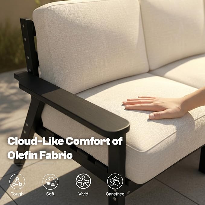 8 Piece Patio Furniture Set, HDPE Sectional Sofa Seating for 7, Includes 3-Seat Sofa, Loveseat, 2 Armchairs, Coffee Table, All-Weather Outdoor Conversation Set with Olefin Fabric, Black/Khaki