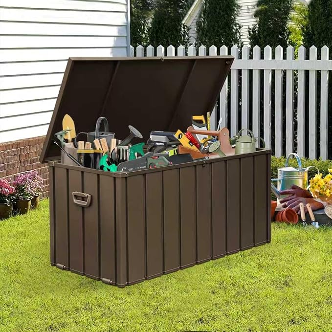 Domi 150 Gallon Deck Box, Metal Outdoor Storage Box with Lock Wheels, Waterproof Outside Storage Box for Patio Cushions