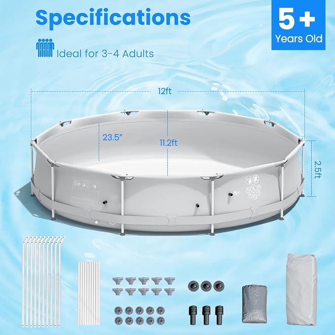 Goplus Above Ground Swimming Pool, 12ft x 12ft x 30inch Outdoor Steel Frame Pool W/Pool Cover, Reinforced Steel Frame, Round Swimming Pool for Backyard, Garden, Patio, Balcony (Gray)