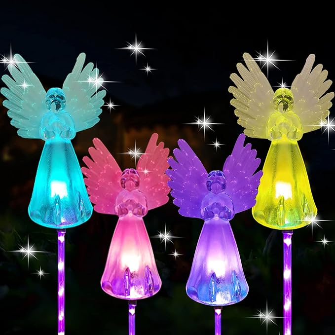 4 Pack Solar Angel Lights Outdoor Decor,Solar Powered Color Changing Angel Easter Stakes Decorative Memorial Lights Garden Yard Lawn Pathway Grave Cemetery Decoration,Valentine's Day Women Gift