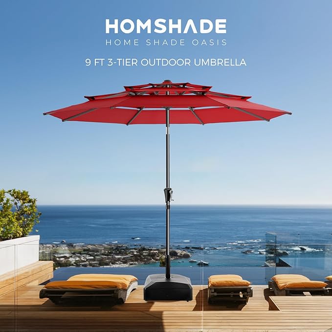 HOMSHADE 9FT 3-Tiers Outdoor Patio Umbrella with 5-Year Fade Resistant,Vented Outdoor Commercial Market Umbrella with UPF50+ UV Protection & Push Button Tilt and Crank for Pool,Backyard(Red)